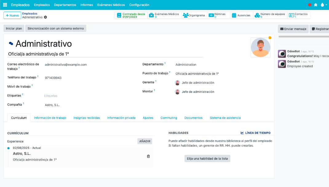 Captura de pantalla del directorio de empleados en el módulo de Recursos Humanos