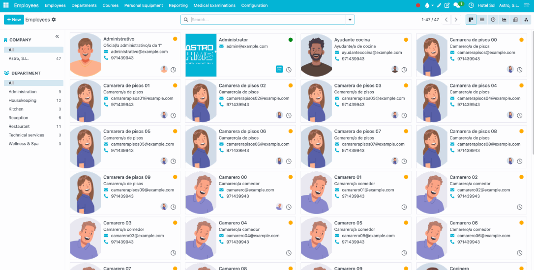 Captura de pantalla del directorio de empleados en el módulo de Recursos Humanos