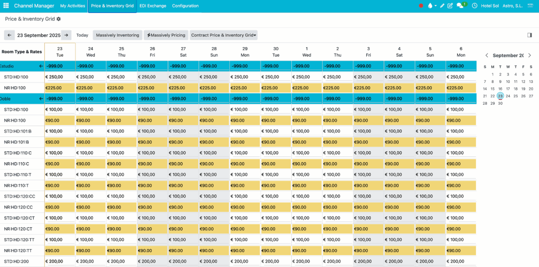 Captura de pantalla de la Tabla de Precio e Inventario del Channel Manager en Astro HMS